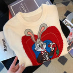 Cartoon Rabbit Heart Short-Sleeve Knit Sweater Top | Streetwear