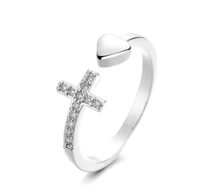 Cross Heart Adjustable Ring with Rhinestones (Fashion)
