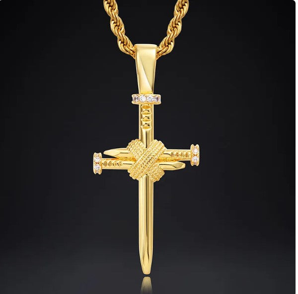 Gold Nail Cross Pendant Necklace with Zircon