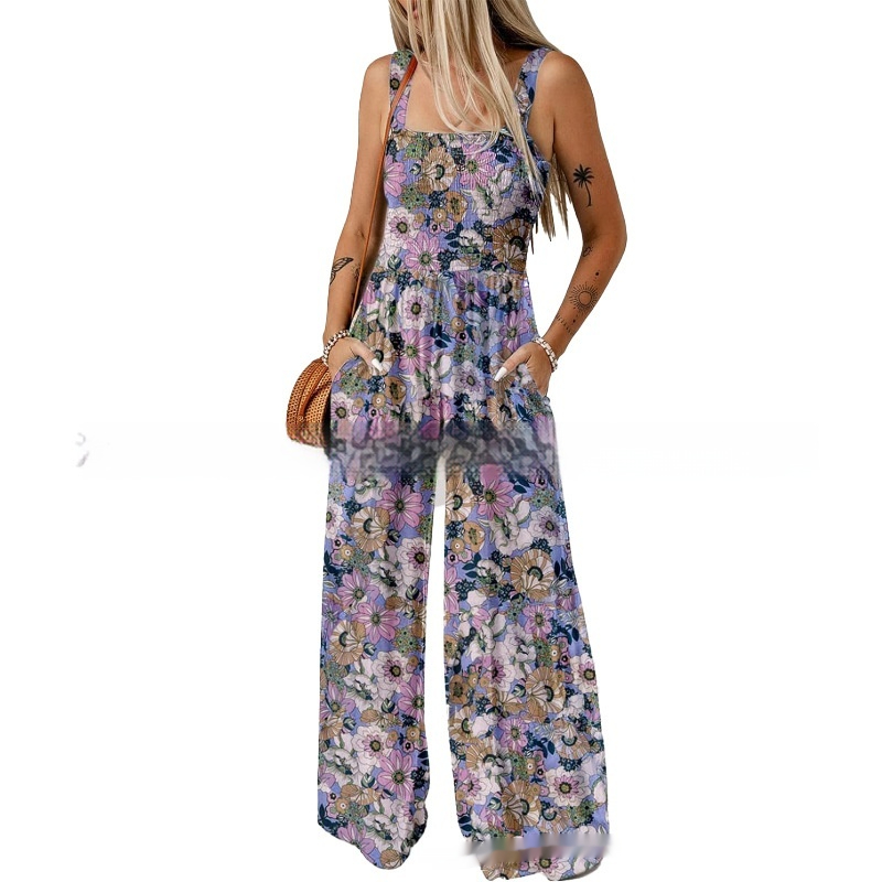 Bohemian Floral Spaghetti Strap Wide-Leg Jumpsuit for Women