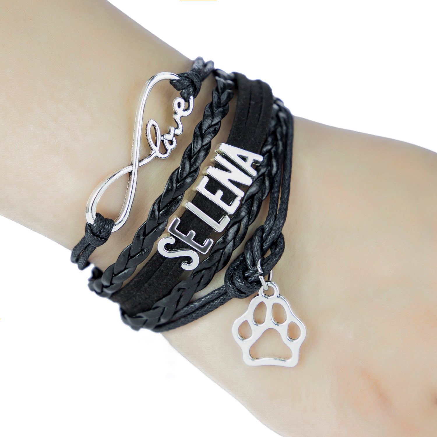 Personalized Woven Leather Bracelet with Paw Charm