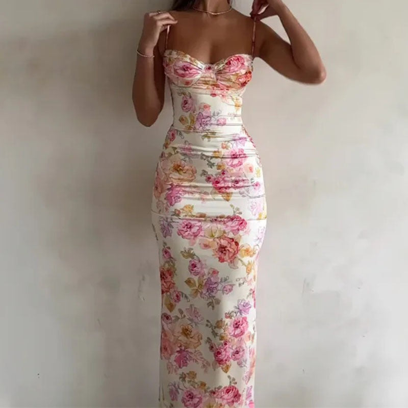 Women's Floral Spaghetti Strap Bodycon Midi Dress