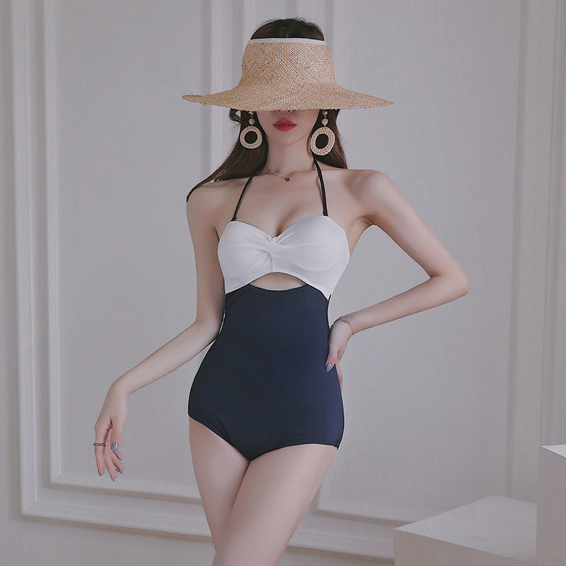 Color Block Halter Cutout One-Piece Swimsuit