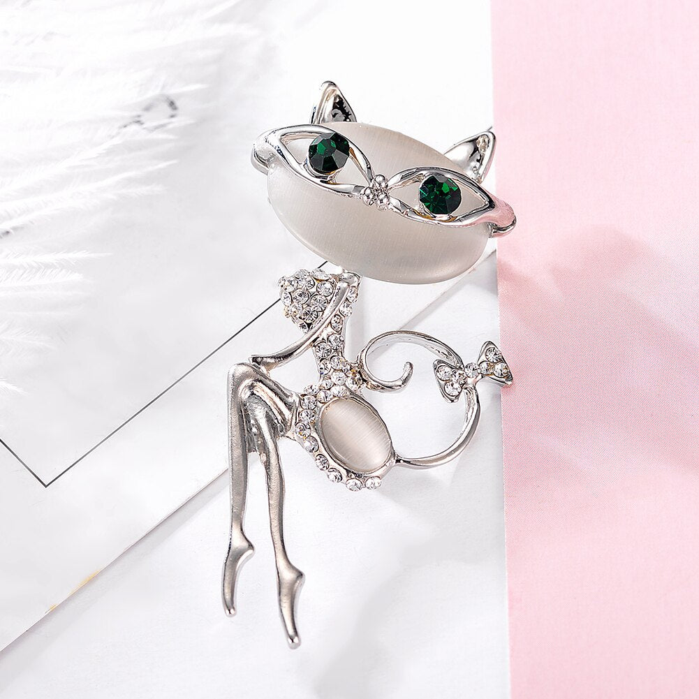 Cat Rhinestone Opal Brooch