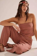 Trendy Women's Striped Knitted Tube Top & Pants Two-Piece Sports Leisure Set