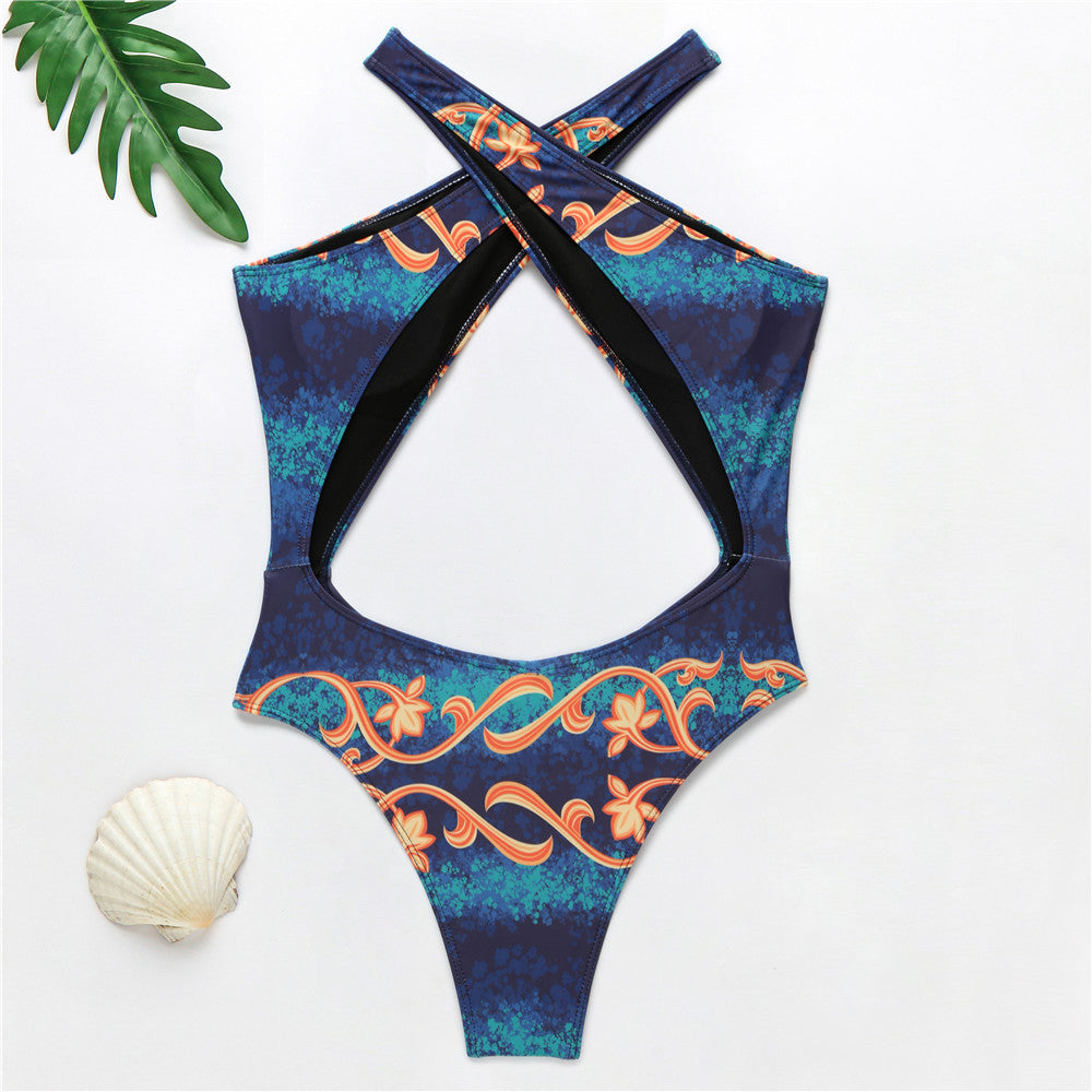 Baroque Print Cross-Front Cutout One-Piece Swimsuit