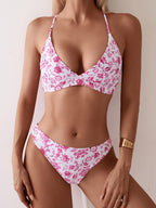 Orange Floral Gingham Triangle Bikini Set