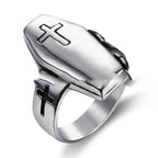 Stainless Steel Retro Zombie Coffin Cross Ring