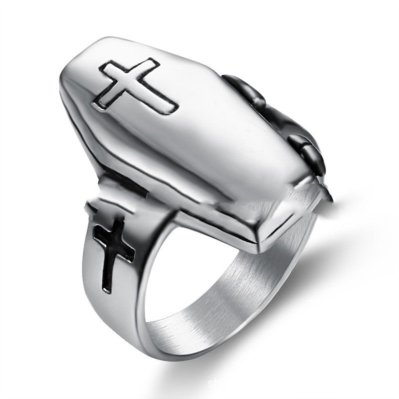 Stainless Steel Retro Zombie Coffin Cross Ring
