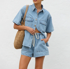 Women's Casual Denim Shirt & Shorts Set