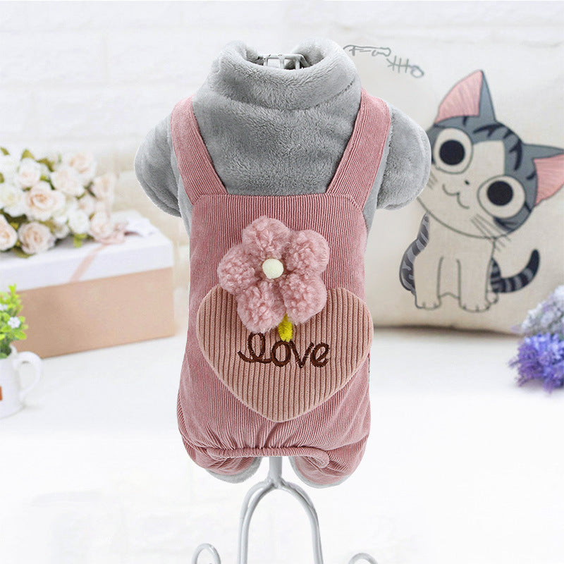 Warm Fleece-Lined Dog Jumpsuit, Cute Corduroy Overall Coat with Flower & Heart LOVE Detail for Small Dogs, Winter Pet Clothes