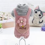 Warm Fleece-Lined Dog Jumpsuit, Cute Corduroy Overall Coat with Flower & Heart LOVE Detail for Small Dogs, Winter Pet Clothes