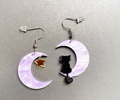 Cat and Moon Star Earrings