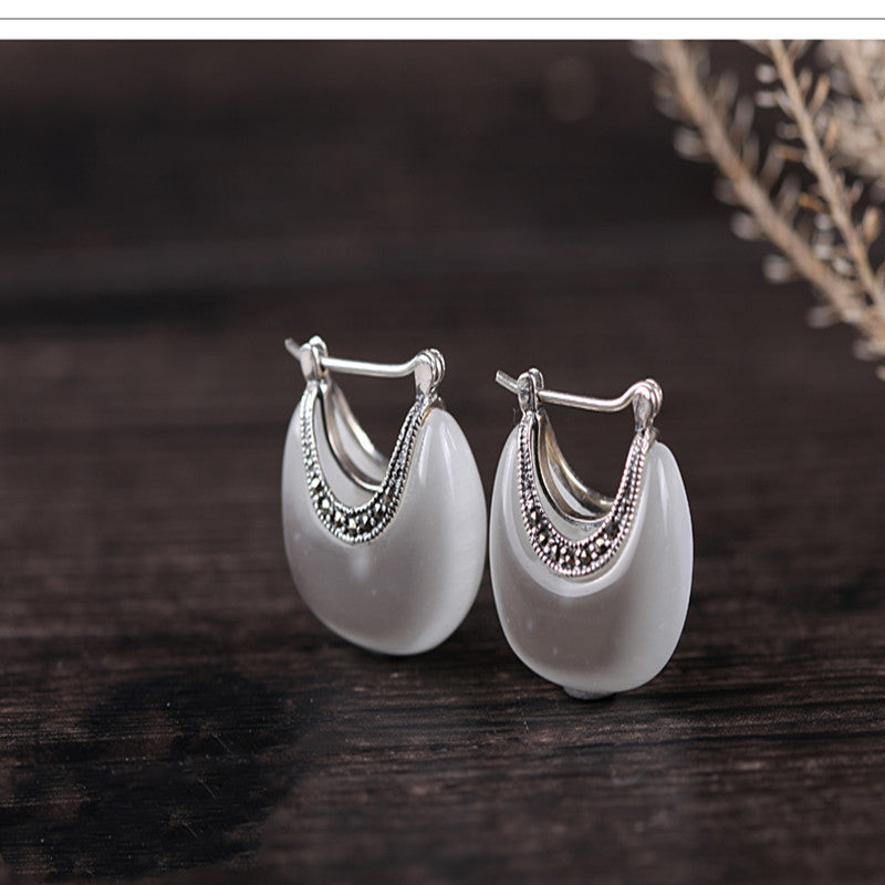 Silver Vintage Cat's Eye Stone Earrings