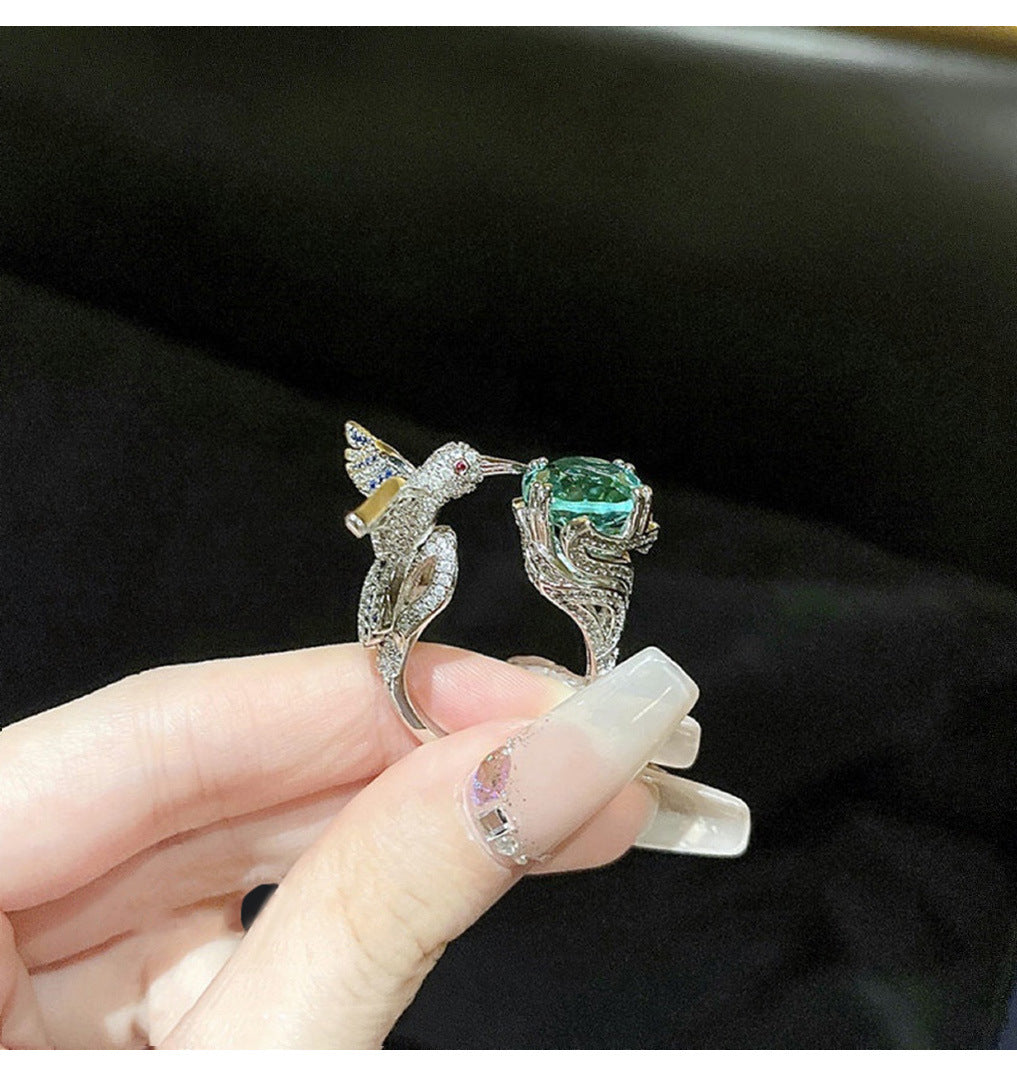 Hummingbird Green Crystal Cocktail Ring