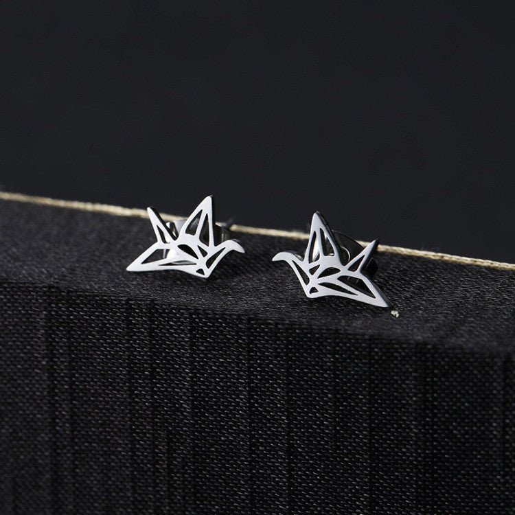 Titanium Steel Origami Crane Stud Earrings