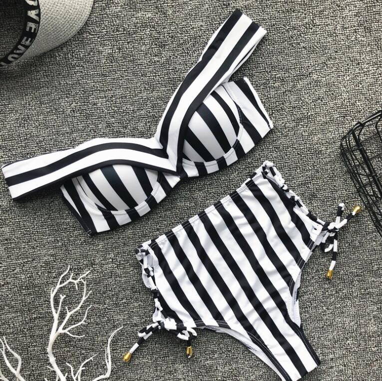 Striped Bandeau High-Waisted Bikini Set