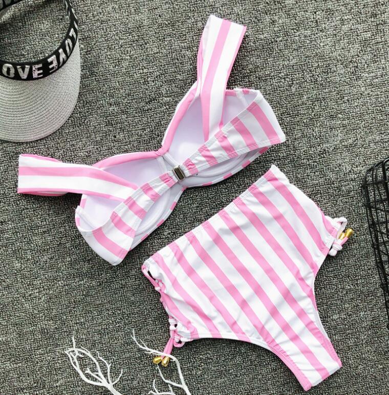 Striped Bandeau High-Waisted Bikini Set