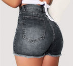 Elastic Slim Fit Ripped Fringe Denim Shorts for Women
