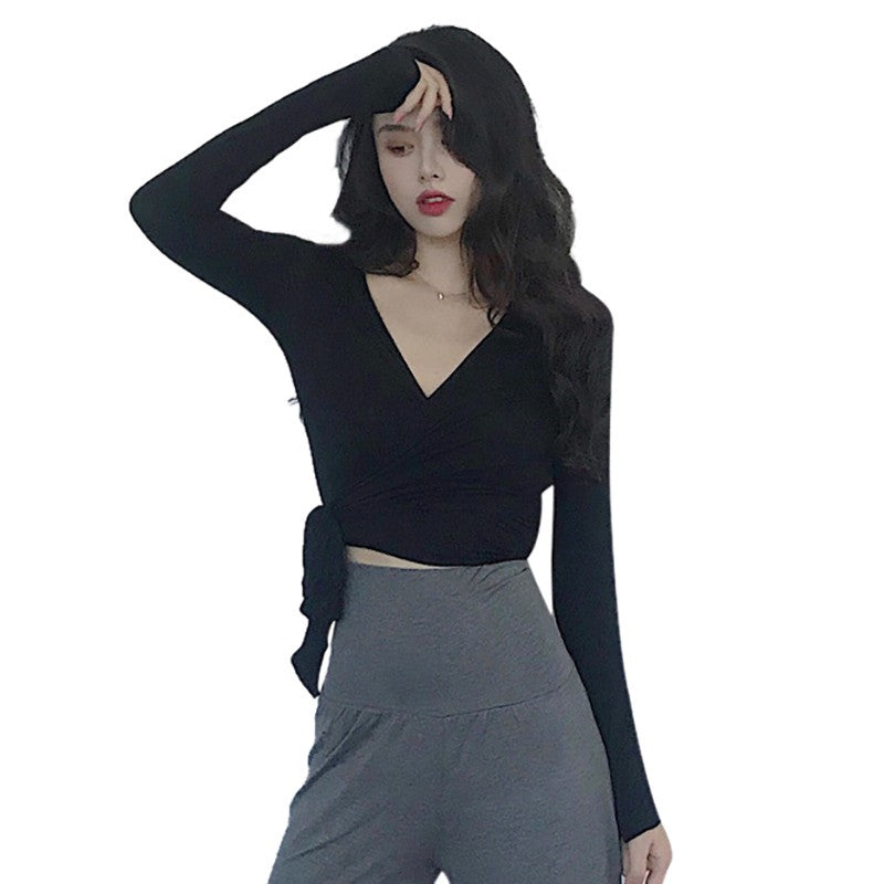 Women's Slim V-neck Long Sleeve Crop Top Fashion