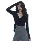Women's Slim V-neck Long Sleeve Crop Top Fashion