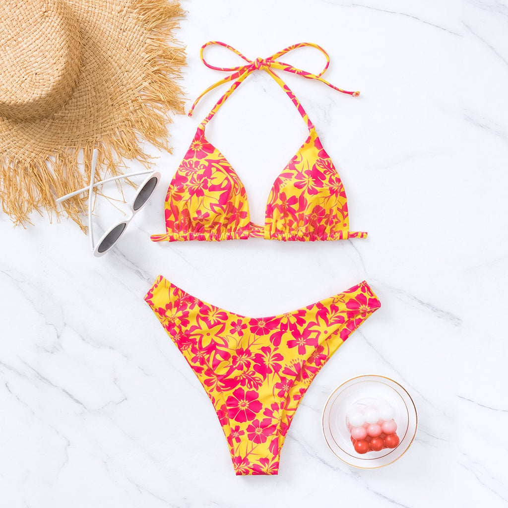 Women's Black-and-White Floral Halter Triangle Bikini Set