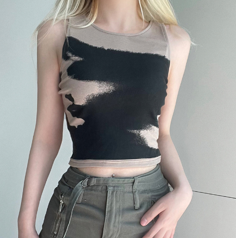 Tie Dye Contrast Sleeveless Round Neck Crop Top