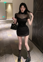 Sexy Black Mesh Panel Pencil Dress with Round Neck