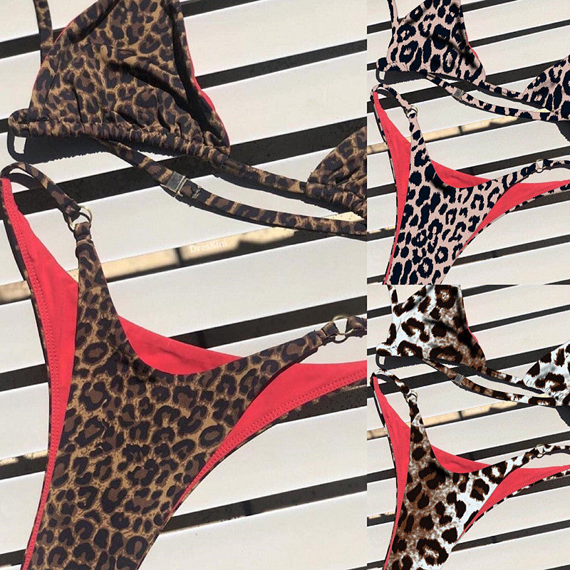 Leopard Print Triangle String Bikini Set
