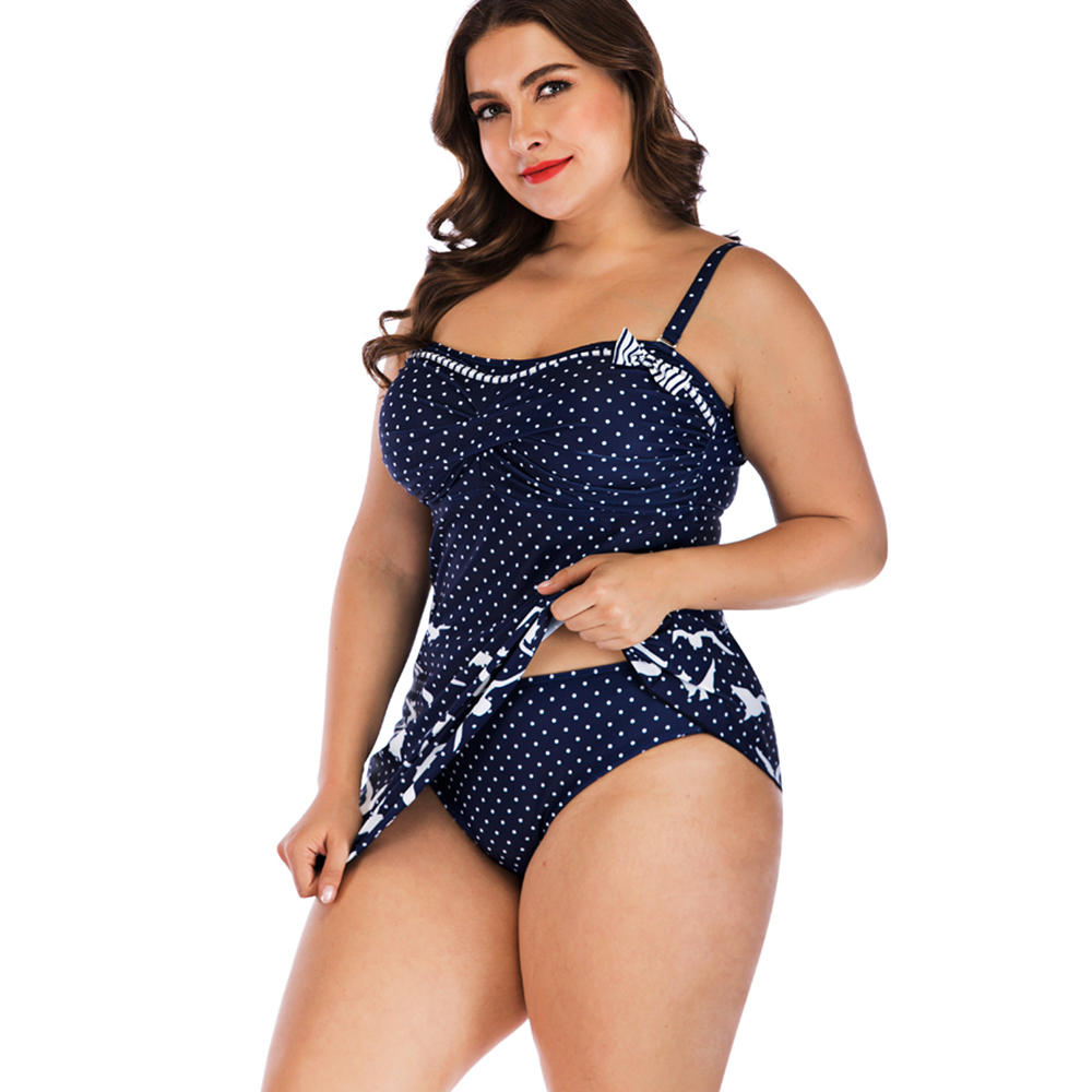 Plus Size Navy Polka Dot Skirted Swim Dress with Seagull Print