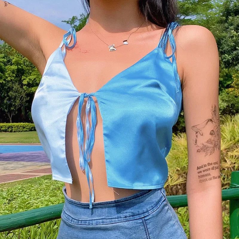 Casual Blue Satin V-neck Crop Top for Women