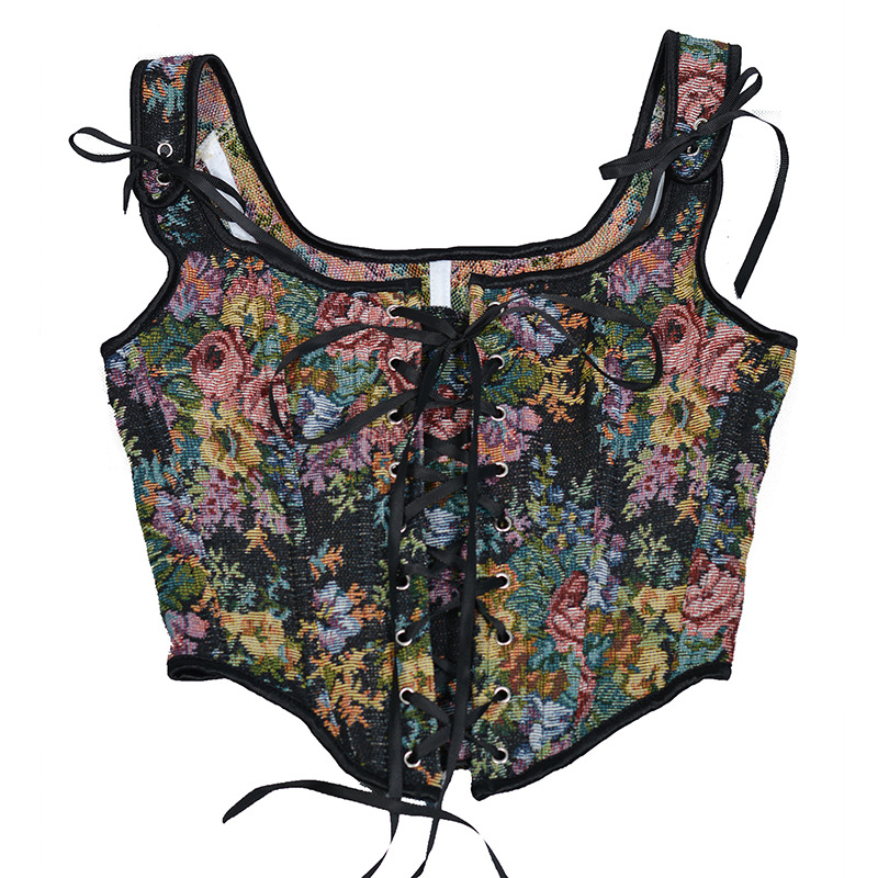 Floral Tapestry Lace-Up Corset Top