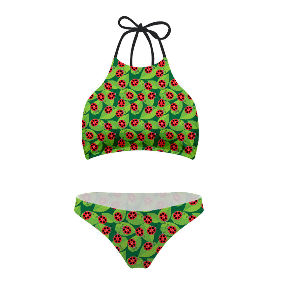 Ladybug Print High-Neck Bikini Set