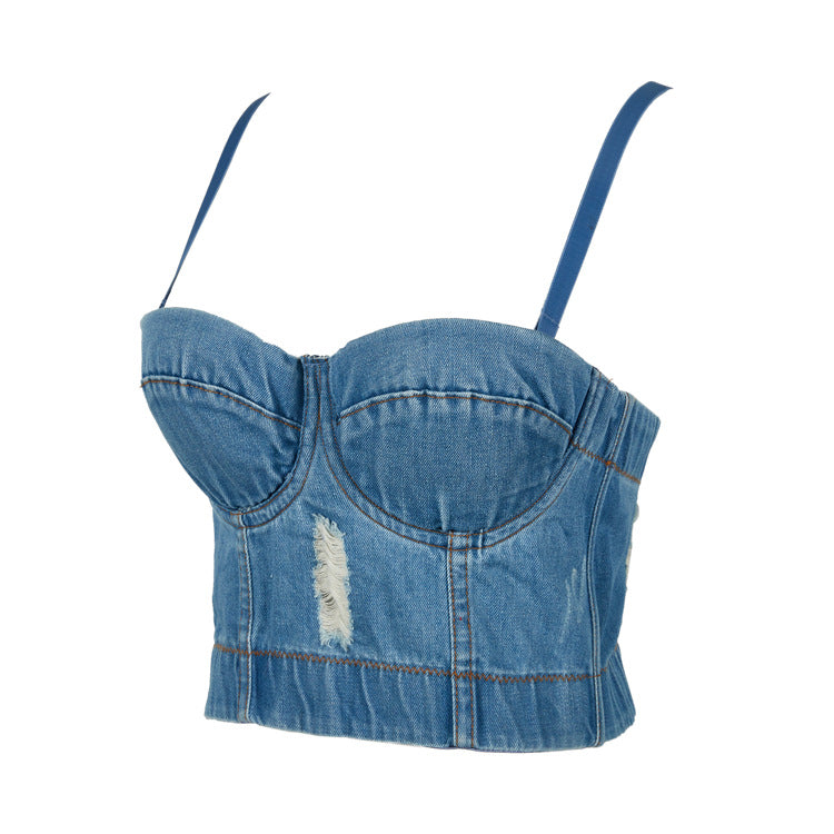 Korean Style Vintage Denim Crop Top for Women
