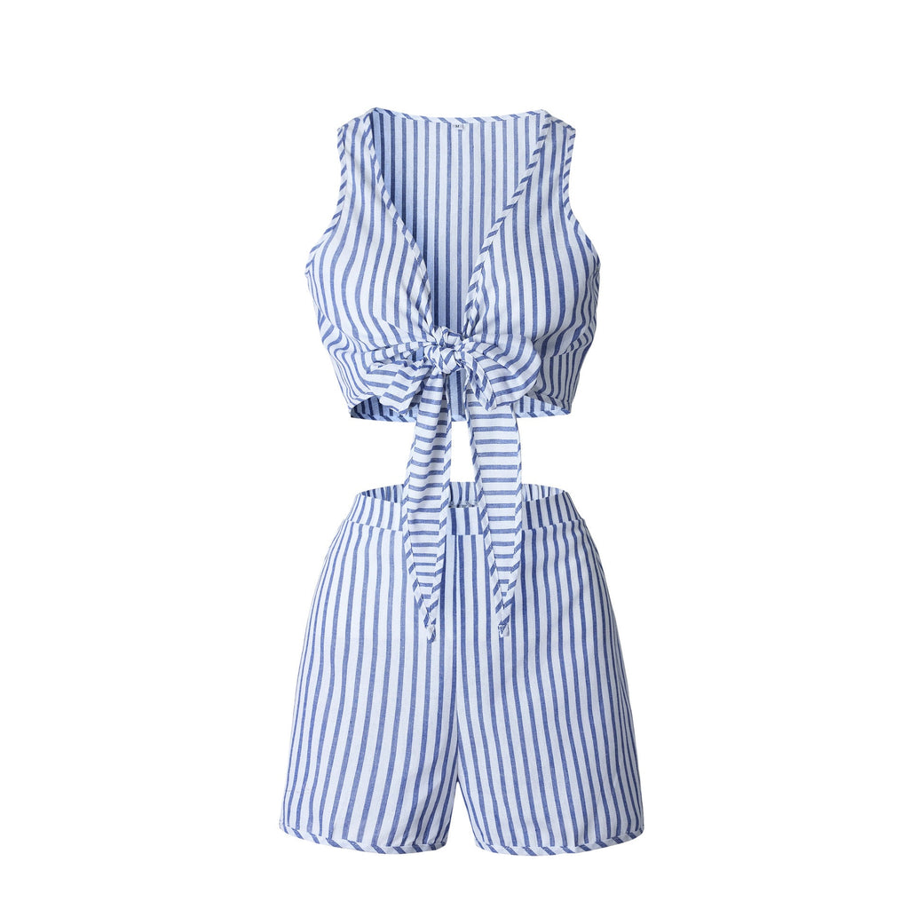 LIVA Women's Summer Striped V-Neck Top and Shorts Set