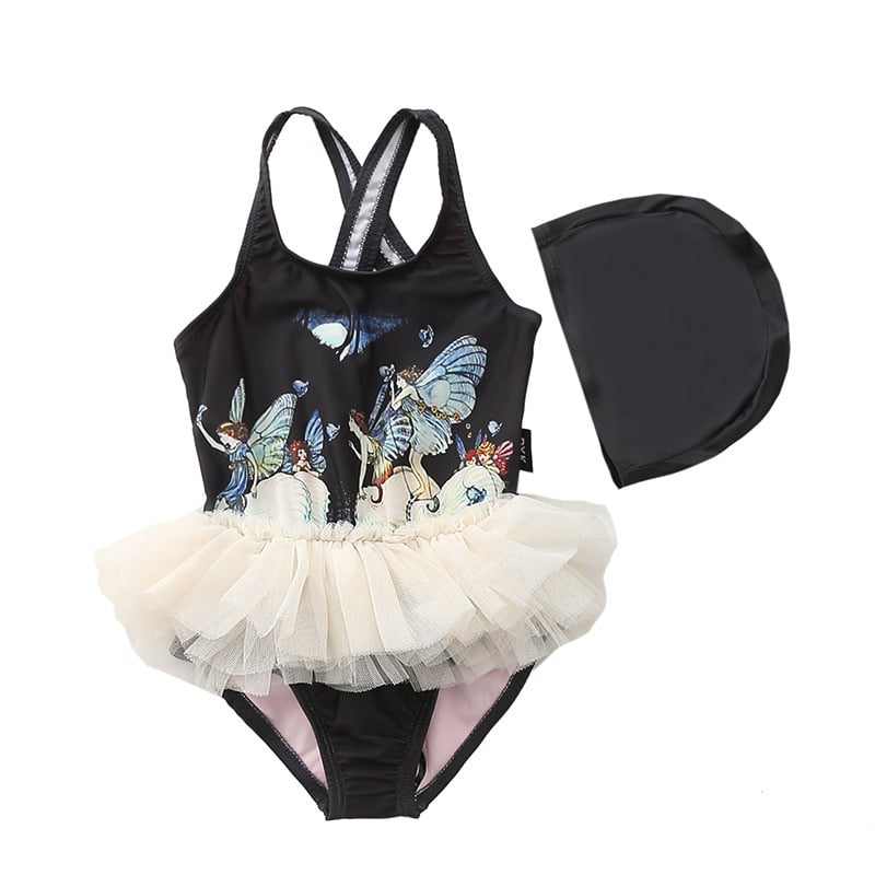Girls' Fairy Print Tutu One-Piece Swimsuit with Cap