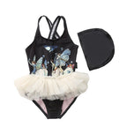 Girls' Fairy Print Tutu One-Piece Swimsuit with Cap