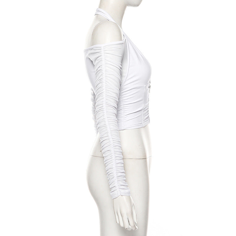 Sheer Long Sleeve Backless Crop Top with Zipper
