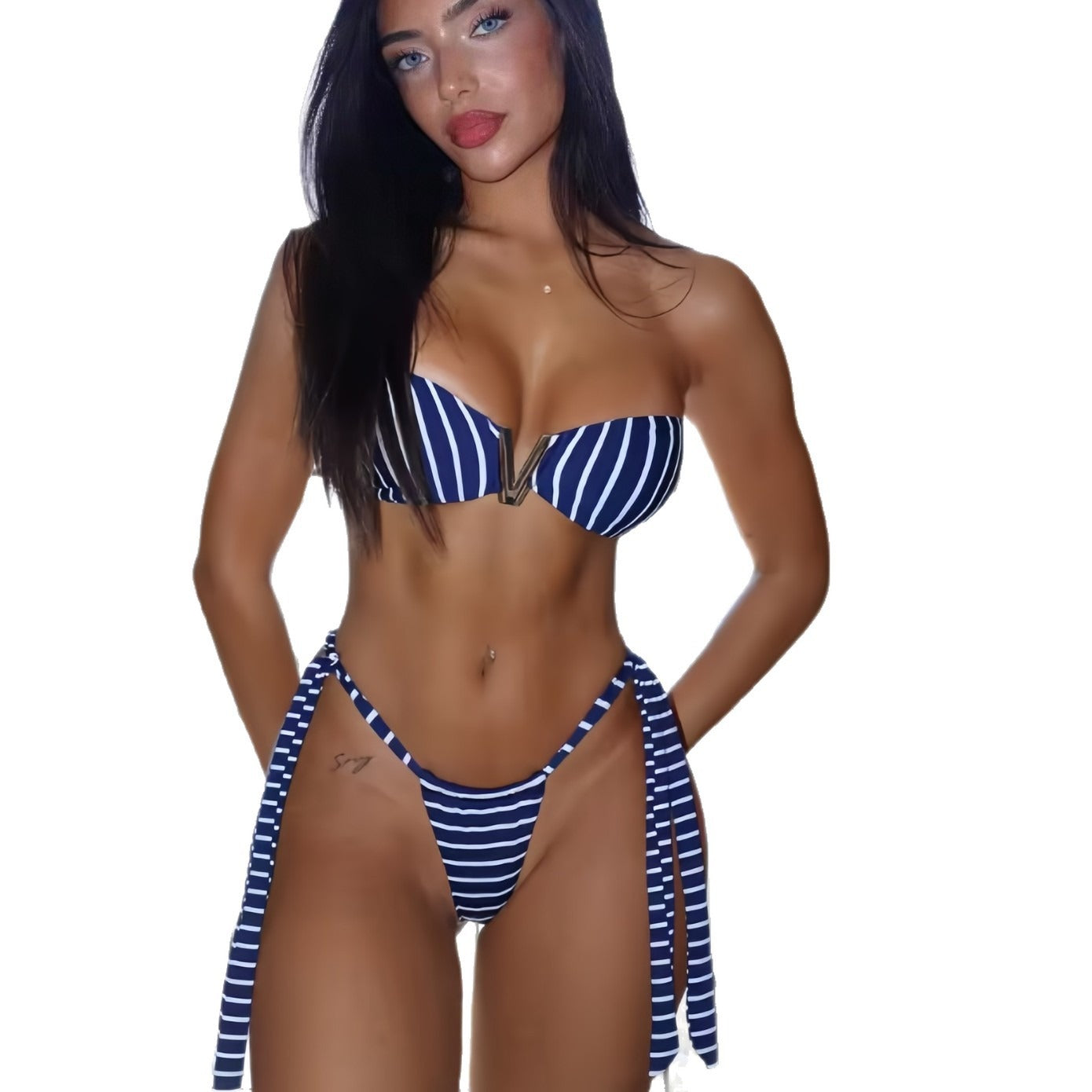 Blue and White Striped Bandeau Bikini Set