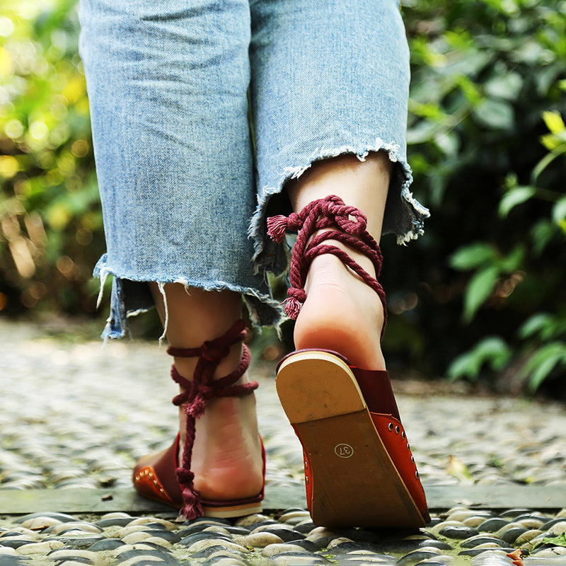 Flat Large Size Sandals with Ankle Tie and Thong Design