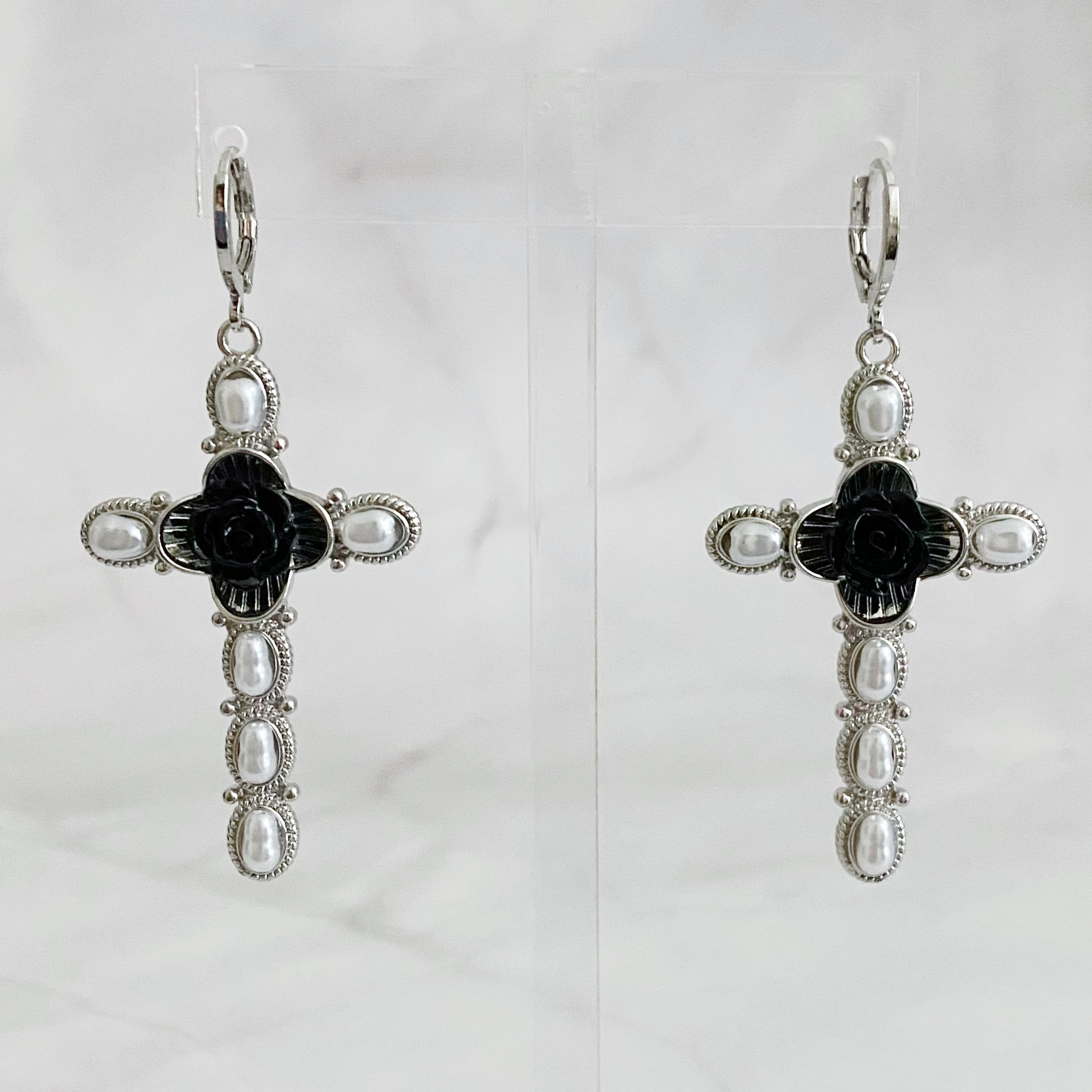 Black Rose Cross Pearl Drop Earrings