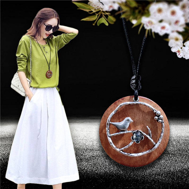 Vintage Long Sweater Necklace with Bird Pendant