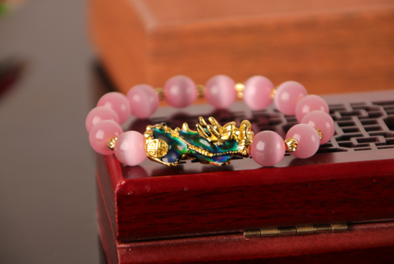 Cat's Eye Stone Bracelet with Gold-Plated Pixiu