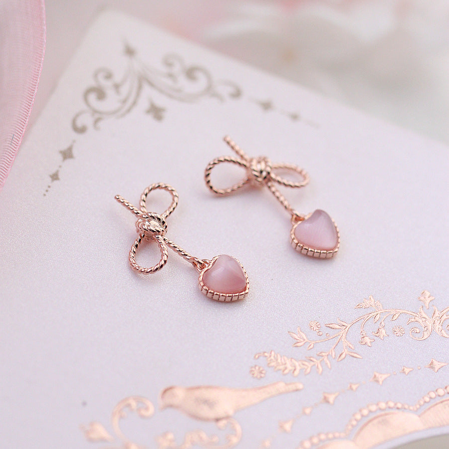 Rose Gold Bow Earrings with Pink Heart Drop