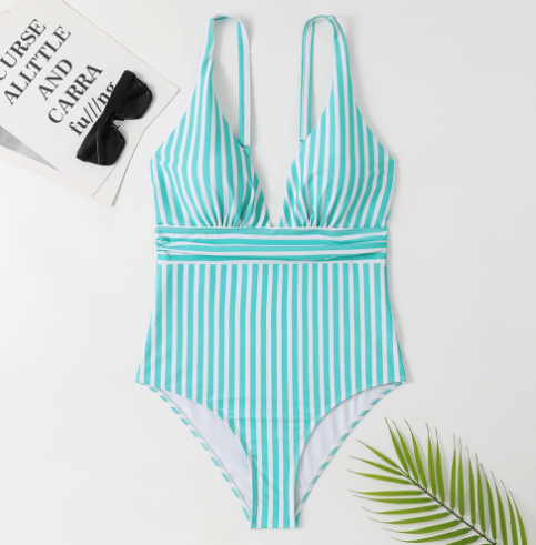 Women's Striped Deep-V Belted One-Piece Swimsuit