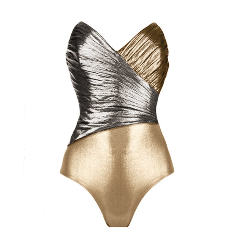 Metallic Gold and Silver Strapless One-Piece Swimsuit