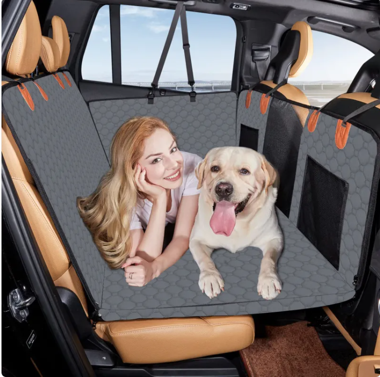 Back Seat Extender Dog Hammock for Cars, SUVs & Trucks, Waterproof Scratchproof Hard-Bottom Pet Travel Bed with Mesh Window & Side Pockets