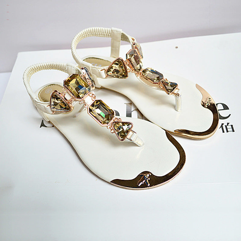Summer Flat Thong Sandals with Rhinestones and Strap