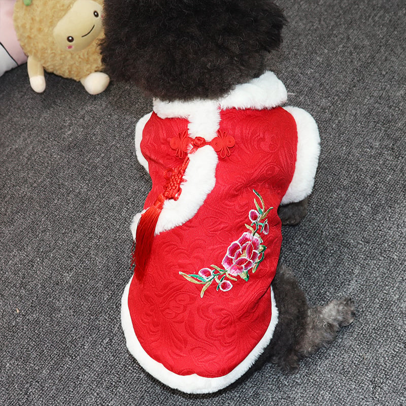 Traditional Chinese Tang Suit Dog Coat, Warm Padded Winter Pet Jacket with Fur Trim, Peony Embroidery and Tassel for Small Dogs