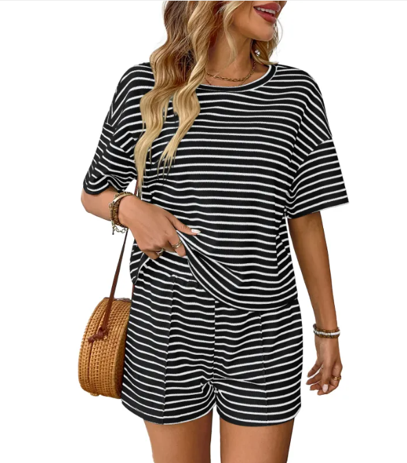 Women's Striped Knit Shorts Set